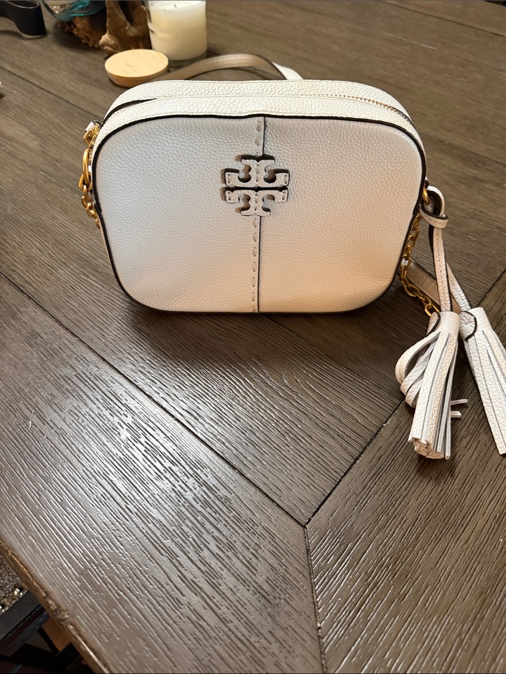 Tory Burch White Pebbled Leather Camera Crossbody with Tassel